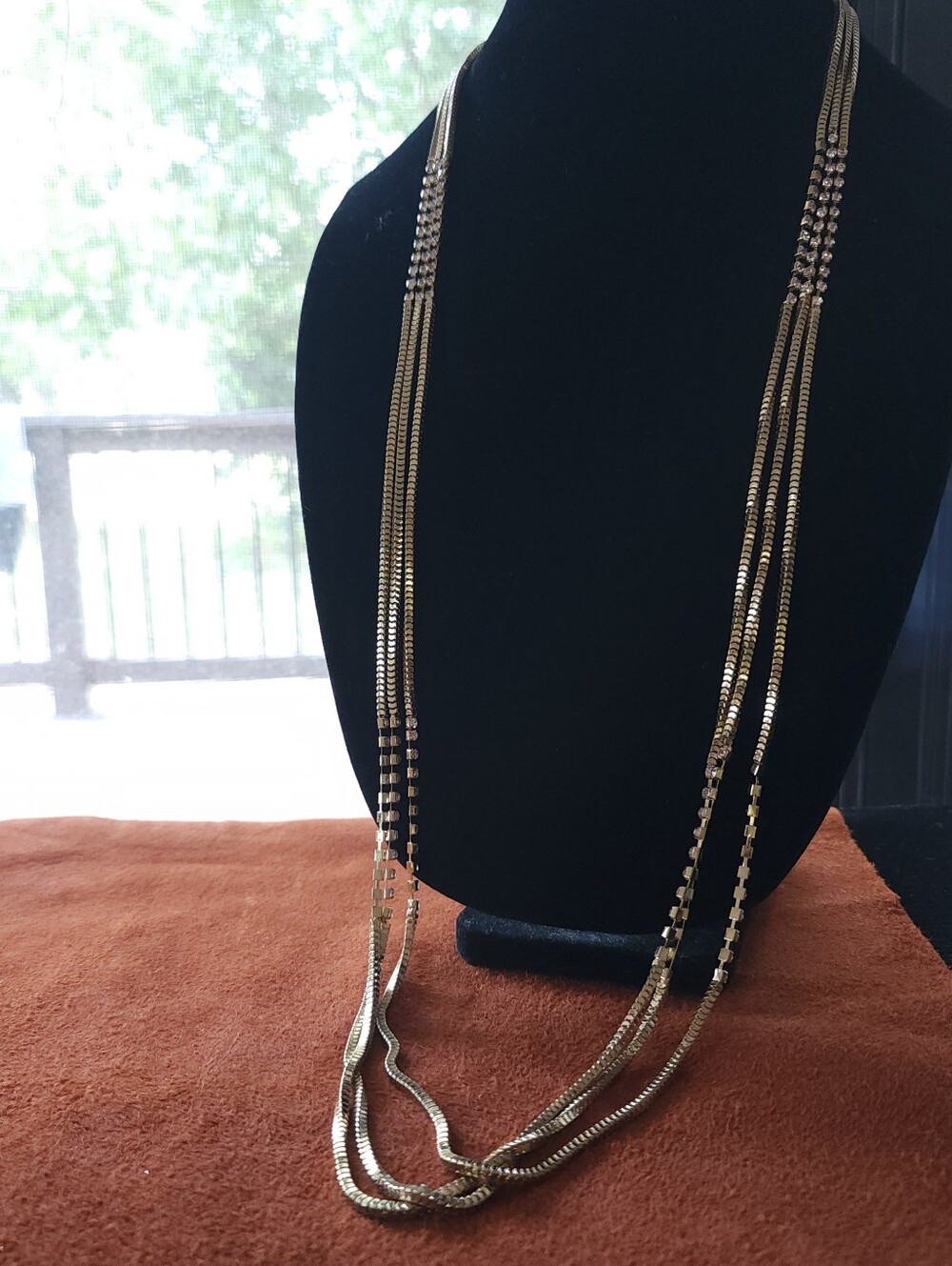 Vintage Chick Statement Long Multi-Strand Gold Tone Necklace With Rhinestones